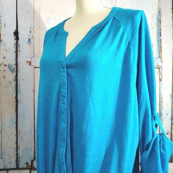 Allison Brittney Top Plus Size 3X Lace Back Teal Blue Button Tie Front Boho - Picture 11 of 12